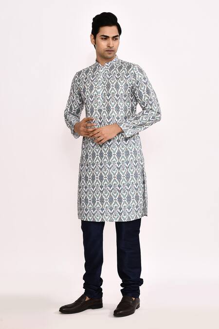 Shop_Arihant Rai Sinha_Gray Cotton, Silk Printed Grey Kurta With Blue Pants _Online_at_Aza_Fashions