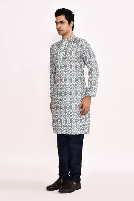 Buy Arihant Rai Sinha Gray Cotton, Silk Printed Grey Kurta With Blue Pants Buy_Arihant Rai Sinha_Gray Cotton, Silk Printed Grey Kurta With Blue Pants