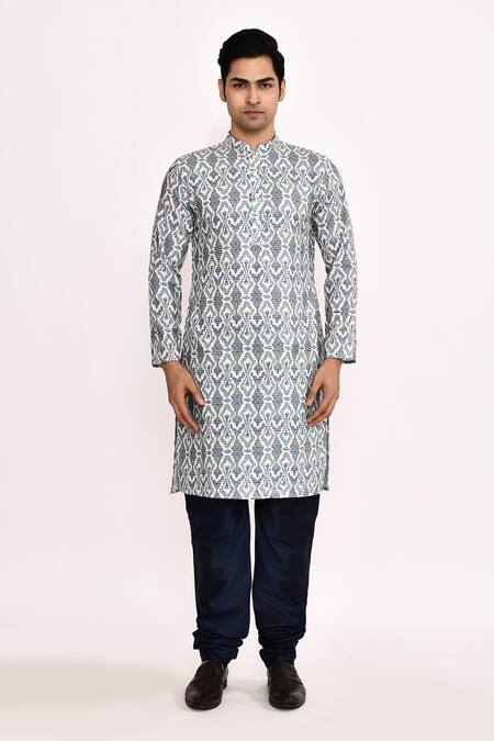 Shop Arihant Rai Sinha Gray Cotton, Silk Printed Grey Kurta With Blue Pants Shop_Arihant Rai Sinha_Gray Cotton, Silk Printed Grey Kurta With Blue Pants
