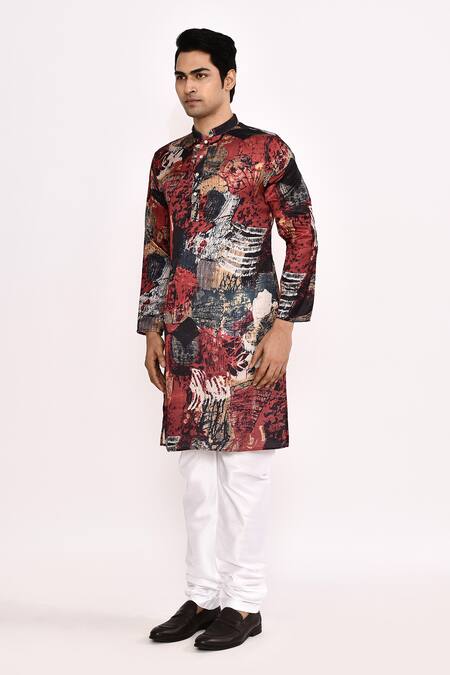 Buy_Arihant Rai Sinha_Multi Color Cotton, Silk Printed Kurta Set With White Churidar _Online_at_Aza_Fashions