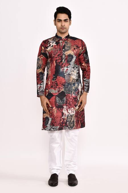 Buy_Arihant Rai Sinha_Multi Color Cotton, Silk Printed Kurta Set With White Churidar 