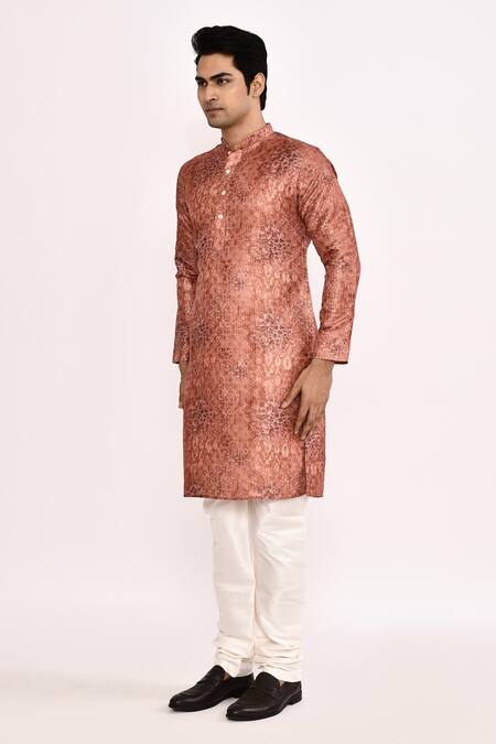 Buy_Arihant Rai Sinha_Rust Cotton, Silk Printed Kurta Set With Churidar _Online_at_Aza_Fashions