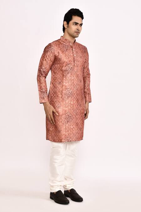 Shop_Arihant Rai Sinha_Rust Cotton, Silk Printed Kurta Set With Churidar _Online_at_Aza_Fashions