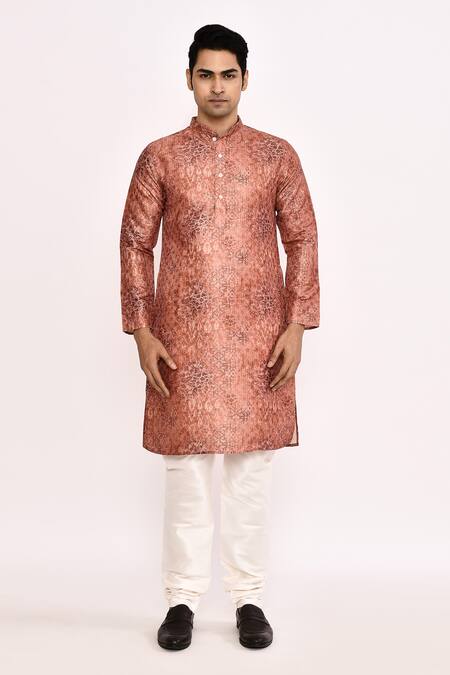 Arihant Rai Sinha_Rust Cotton, Silk Printed Kurta Set With Churidar _at_Aza_Fashions
