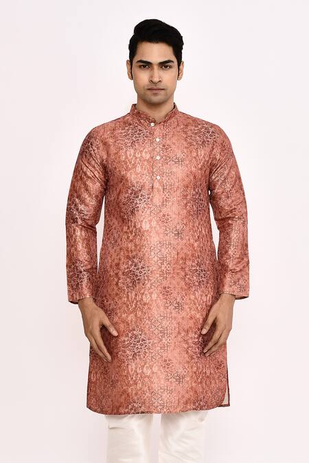 Shop_Arihant Rai Sinha_Rust Cotton, Silk Printed Kurta Set With Churidar 