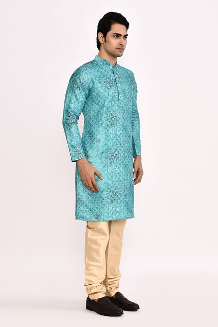 Shop_Arihant Rai Sinha_Blue Cotton, Silk Printed Kurta Set _Online_at_Aza_Fashions