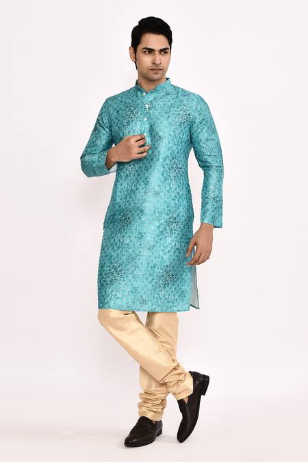 Shop_Arihant Rai Sinha_Blue Cotton, Silk Printed Kurta Set 