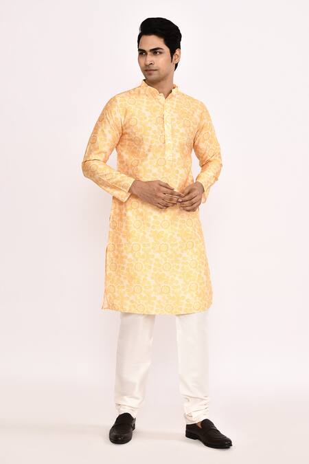 Buy_Arihant Rai Sinha_Yellow Cotton, Silk Printed Kurta Set _Online_at_Aza_Fashions