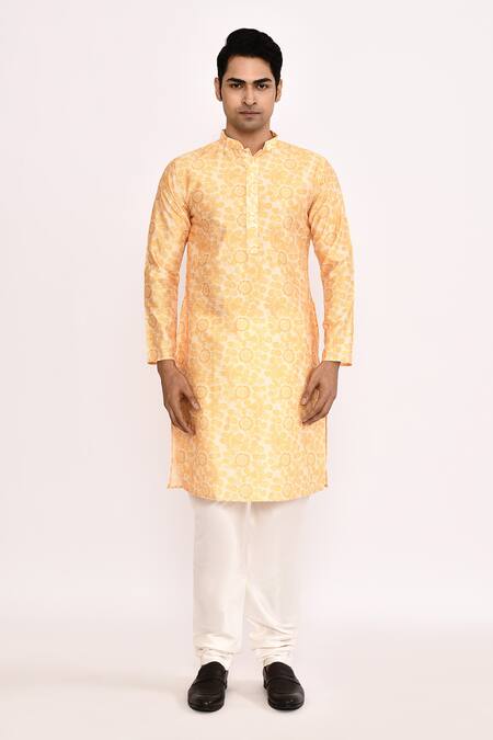 Shop_Arihant Rai Sinha_Yellow Cotton, Silk Printed Kurta Set _Online_at_Aza_Fashions