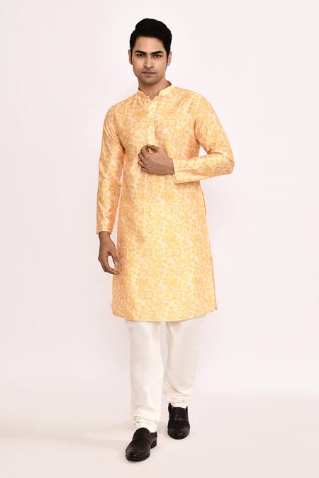 Arihant Rai Sinha_Yellow Cotton, Silk Printed Kurta Set _at_Aza_Fashions