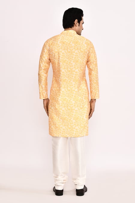Shop_Arihant Rai Sinha_Yellow Cotton, Silk Printed Kurta Set _at_Aza_Fashions