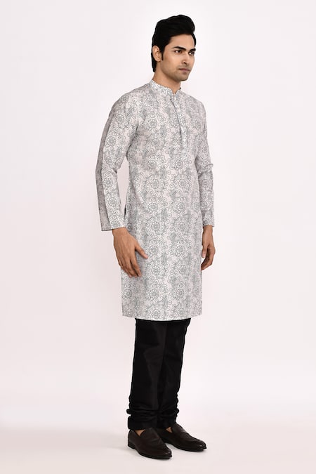 Buy_Arihant Rai Sinha_Gray Cotton, Silk Printed Grey Kurta Set _Online_at_Aza_Fashions