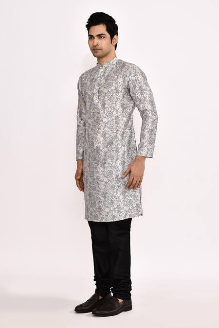 Shop_Arihant Rai Sinha_Gray Cotton, Silk Printed Grey Kurta Set _Online_at_Aza_Fashions