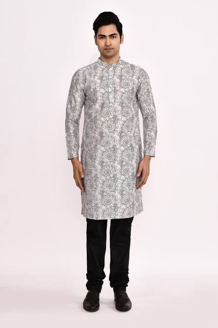 Arihant Rai Sinha_Gray Cotton, Silk Printed Grey Kurta Set _at_Aza_Fashions