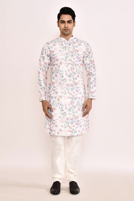 Buy_Arihant Rai Sinha_White Cotton, Silk Embroidery Floral Printed Kurta Set _Online_at_Aza_Fashions