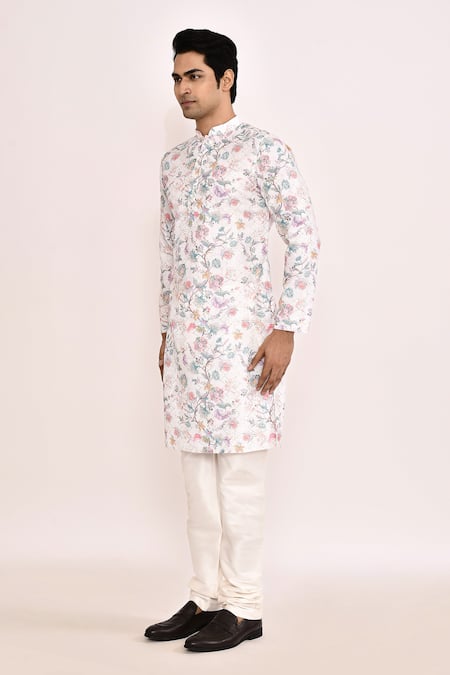 Shop_Arihant Rai Sinha_White Cotton, Silk Embroidery Floral Printed Kurta Set _Online_at_Aza_Fashions