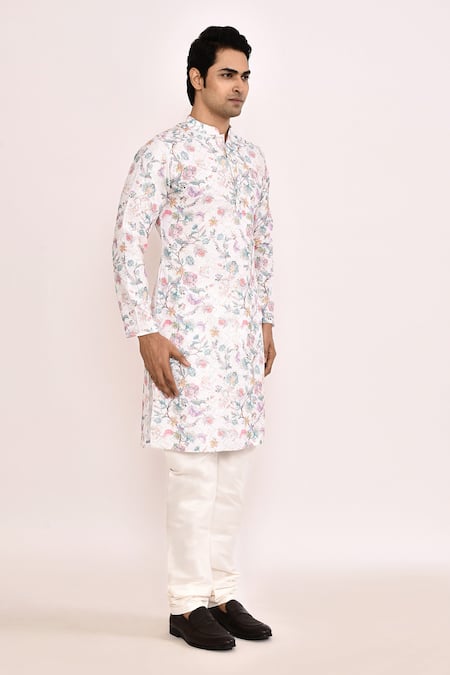 Arihant Rai Sinha_White Cotton, Silk Embroidery Floral Printed Kurta Set _at_Aza_Fashions