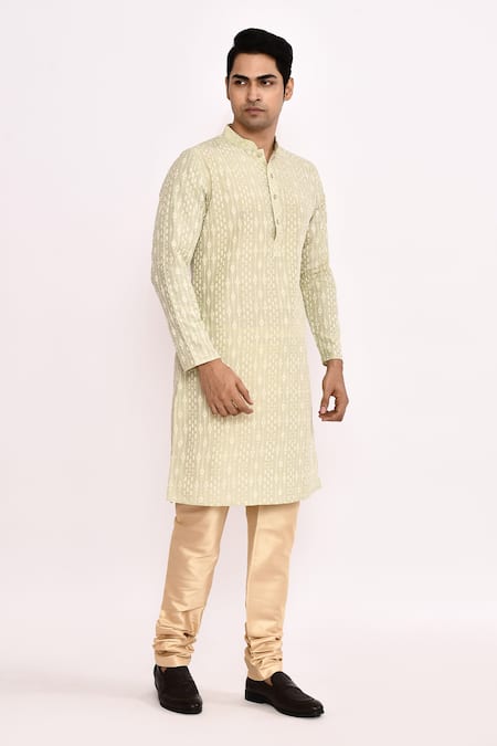Buy_Arihant Rai Sinha_Green Cotton, Silk Light Embroidered Kurta Set _Online_at_Aza_Fashions