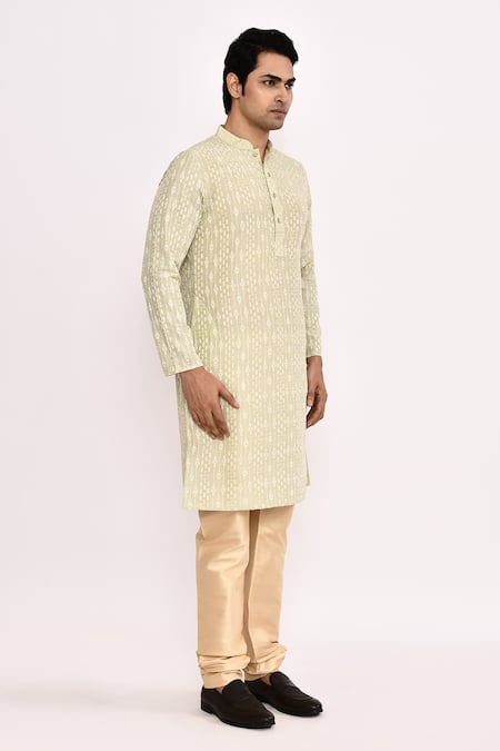 Shop_Arihant Rai Sinha_Green Cotton, Silk Light Embroidered Kurta Set _Online_at_Aza_Fashions