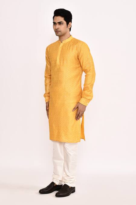 Buy_Arihant Rai Sinha_Yellow Classic Cotton Silk Kurta _Online_at_Aza_Fashions
