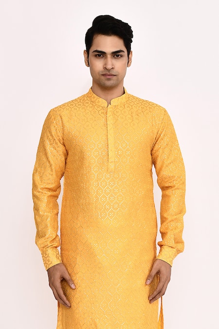 Arihant Rai Sinha_Yellow Classic Cotton Silk Kurta _at_Aza_Fashions