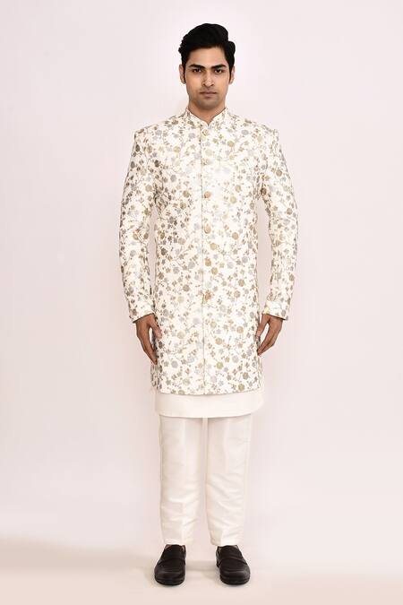 Shop_Arihant Rai Sinha_White Embroidery Floral Sherwani _Online_at_Aza_Fashions
