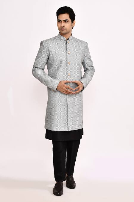 Arihant Rai Sinha_Gray Cotton, Silk Grey Sherwani _Online_at_Aza_Fashions