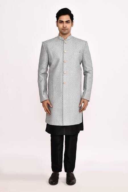 Shop_Arihant Rai Sinha_Gray Cotton, Silk Grey Sherwani _Online_at_Aza_Fashions