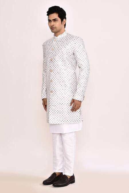Arihant Rai Sinha_White Cotton Embroidery Sherwani _Online_at_Aza_Fashions