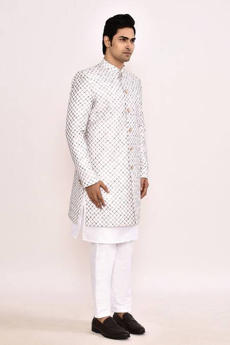 Shop_Arihant Rai Sinha_White Cotton Embroidery Sherwani _Online_at_Aza_Fashions