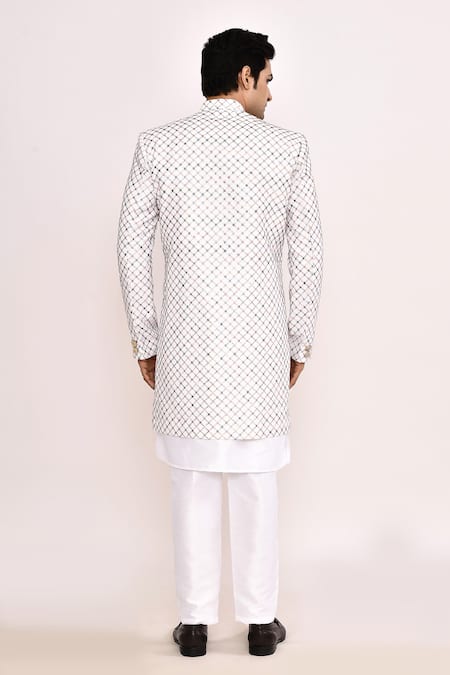Shop_Arihant Rai Sinha_White Cotton Embroidery Sherwani _at_Aza_Fashions