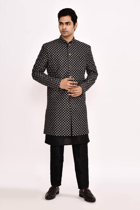 Buy_Arihant Rai Sinha_Black Silk Embroidery Diamond Pattern Sherwani _Online_at_Aza_Fashions