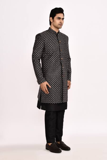 Shop_Arihant Rai Sinha_Black Silk Embroidery Diamond Pattern Sherwani _Online_at_Aza_Fashions