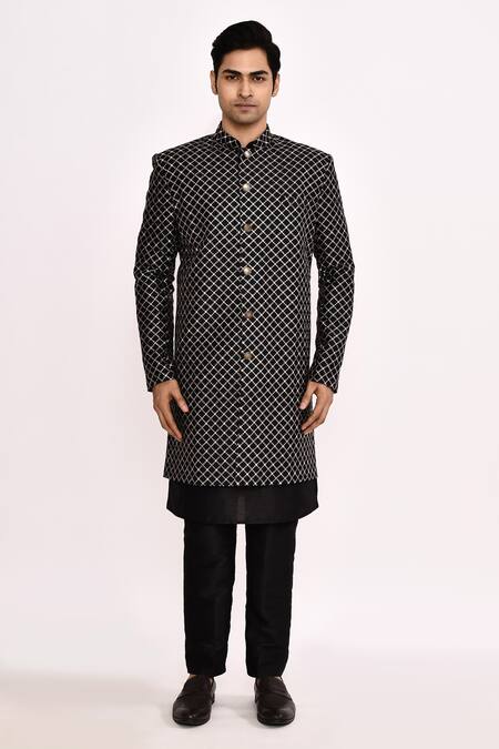 Arihant Rai Sinha_Black Silk Embroidery Diamond Pattern Sherwani _at_Aza_Fashions