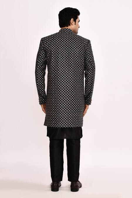 Shop_Arihant Rai Sinha_Black Silk Embroidery Diamond Pattern Sherwani _at_Aza_Fashions