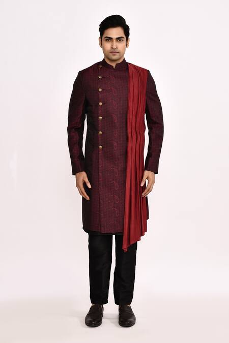 Shop_Arihant Rai Sinha_Maroon Silk Long Jacket _Online_at_Aza_Fashions