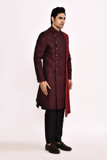 Arihant Rai Sinha_Maroon Silk Long Jacket _at_Aza_Fashions