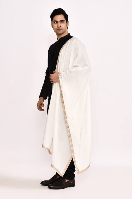 Buy_Arihant Rai Sinha_Black Silk Kurta With White Dupatta _Online_at_Aza_Fashions