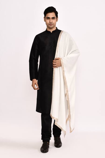Shop_Arihant Rai Sinha_Black Silk Kurta With White Dupatta _Online_at_Aza_Fashions