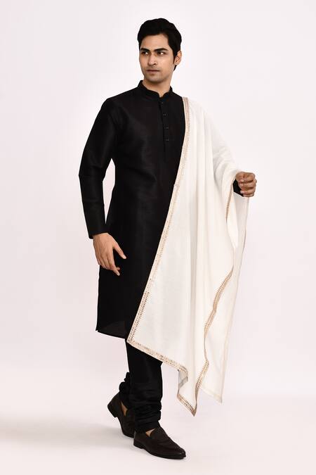 Arihant Rai Sinha_Black Silk Kurta With White Dupatta _at_Aza_Fashions