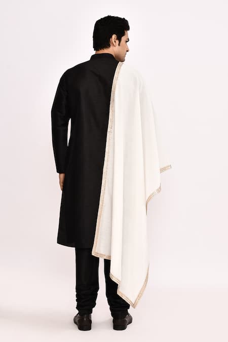 Arihant Rai Sinha Black Silk Kurta with White Dupatta 