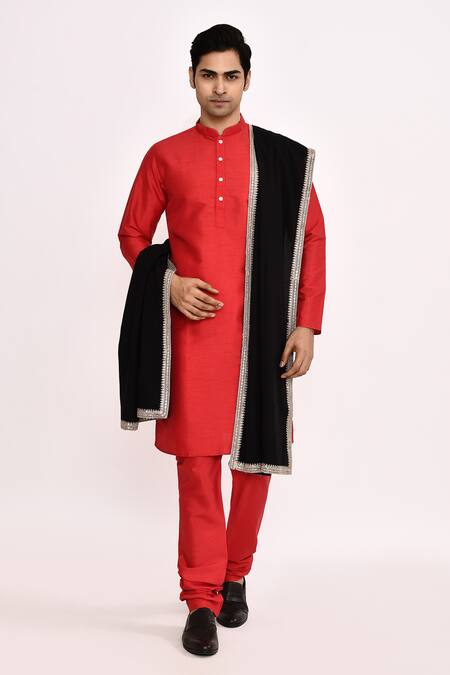 Shop_Arihant Rai Sinha_Red Cotton, Silk Classic Kurta _Online_at_Aza_Fashions