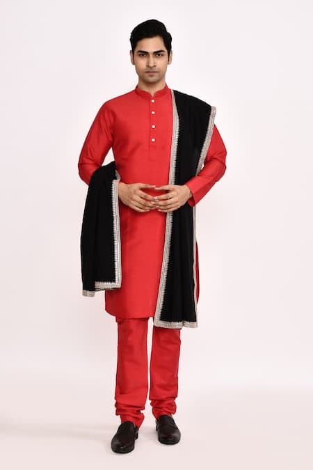 Shop_Arihant Rai Sinha_Red Cotton, Silk Classic Kurta _at_Aza_Fashions
