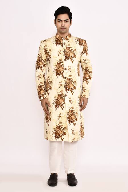 Arihant Rai Sinha_Yellow Silk Floral Printed Blend Sherwani _Online_at_Aza_Fashions