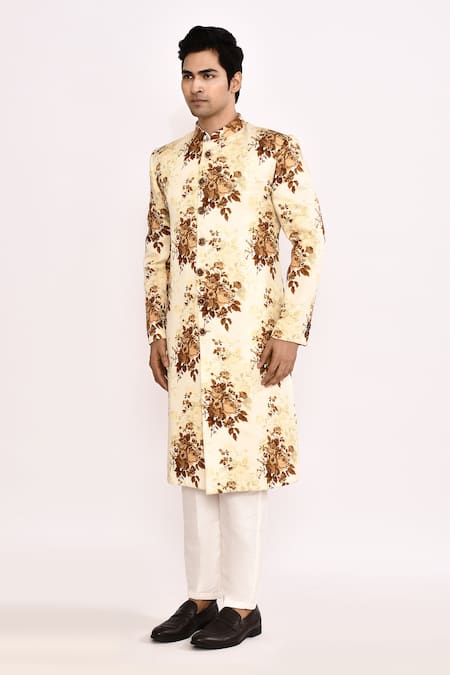 Buy_Arihant Rai Sinha_Yellow Silk Floral Printed Blend Sherwani _Online_at_Aza_Fashions