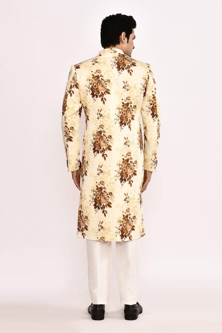 Shop_Arihant Rai Sinha_Yellow Silk Floral Printed Blend Sherwani _at_Aza_Fashions