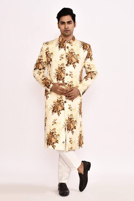 Shop_Arihant Rai Sinha_Yellow Silk Floral Printed Blend Sherwani _Online_at_Aza_Fashions