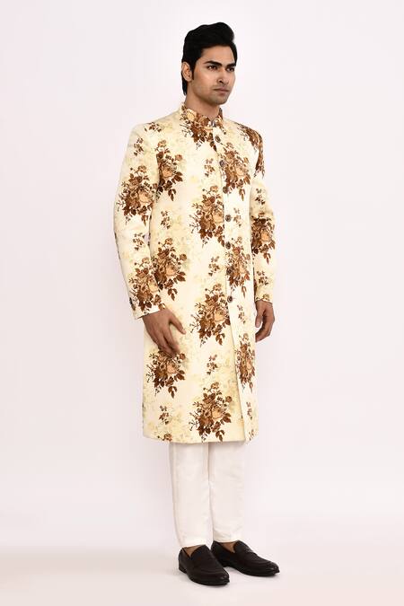Arihant Rai Sinha_Yellow Silk Floral Printed Blend Sherwani _at_Aza_Fashions