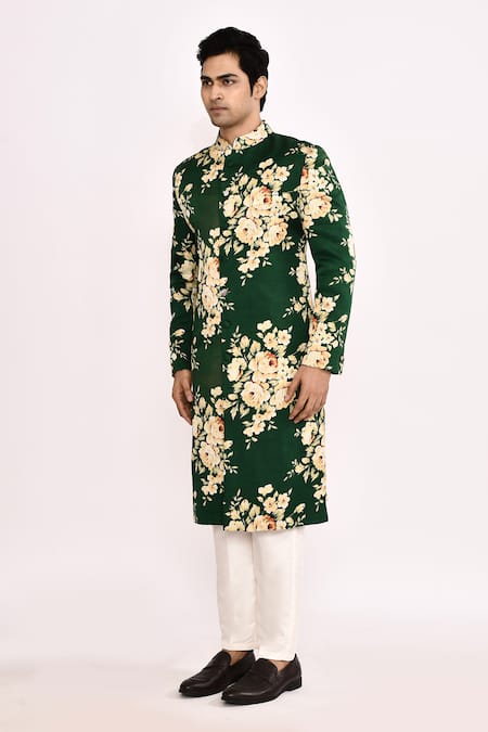 Arihant Rai Sinha_Green Silk Floral Printed Dark Sherwani _Online_at_Aza_Fashions