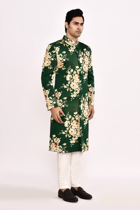 Buy_Arihant Rai Sinha_Green Silk Floral Printed Dark Sherwani _Online_at_Aza_Fashions